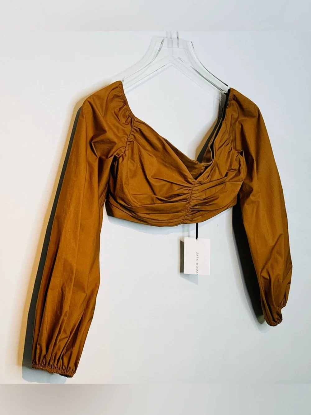 Zara Studio Pecan Brown Gathered Crop Top Balloon Sleeve Top Shirt Blouse NWT